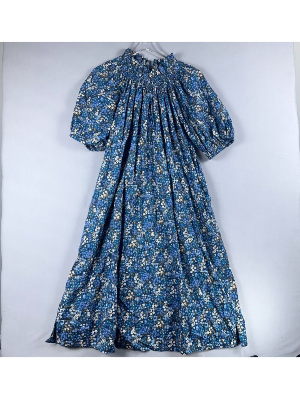 J. Crew Dress Size Large Blue Maxi Floral Print 100% Cotton Smocked Puff Sleeve - Picture 3 of 11